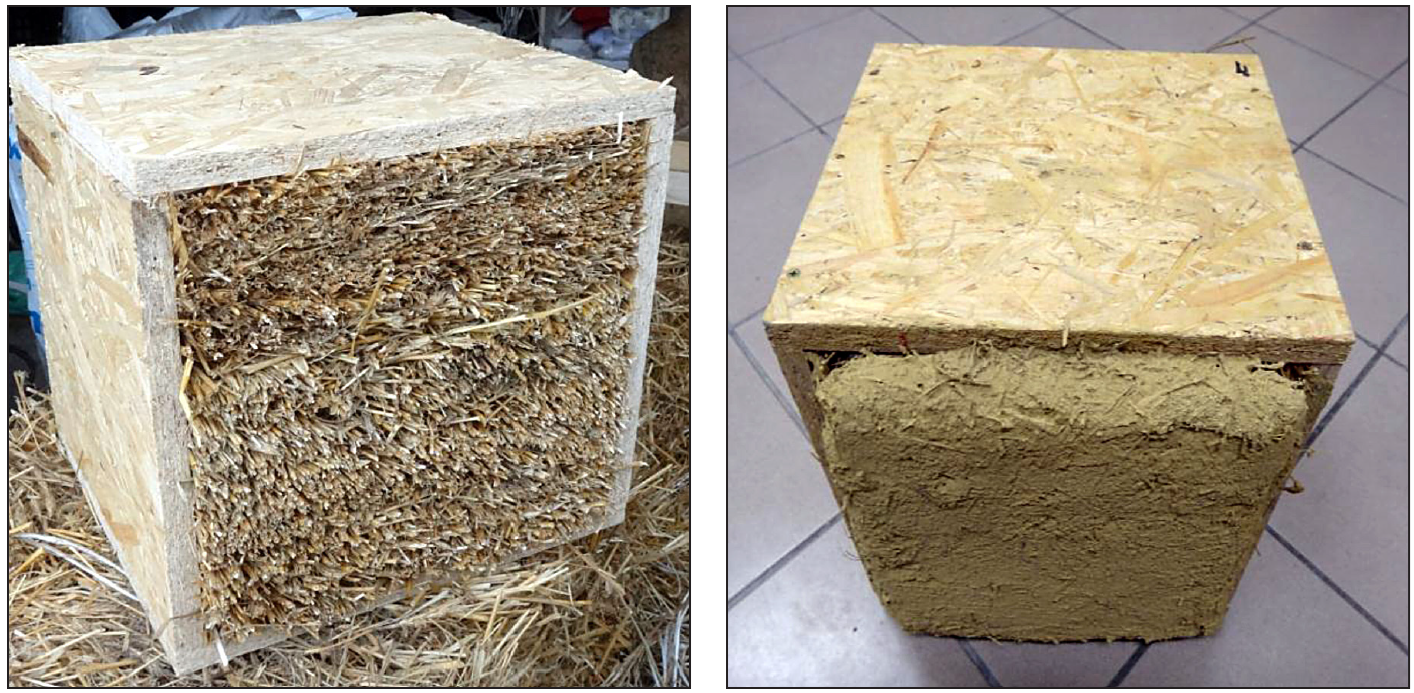 Próbki słomy i gliny, przygotowane na potrzeby eksperymentu stwierdzającego ich mrozoodporność.