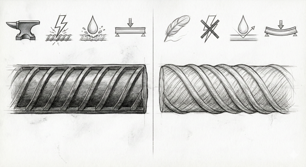 Wady i zalety zbrojenia kompozytowego i stalowego.