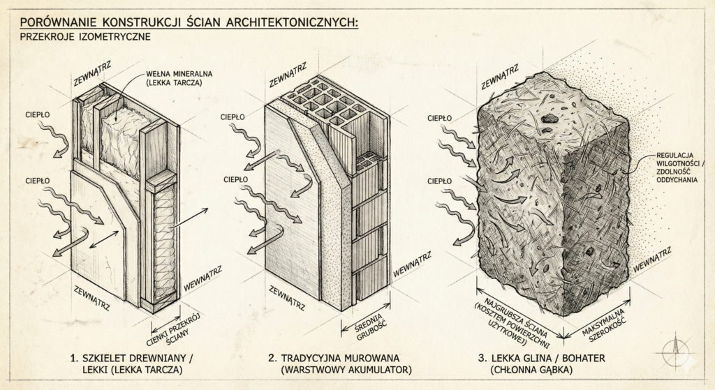 Schemat pokazujący tłumienie amplitudy temperatury między ściana z lekkiej gliy a tradycyjnymi technologiami,