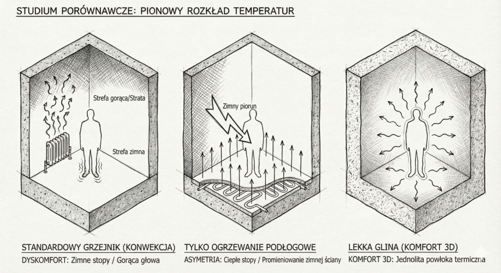 Ilustracja pionowego rozkładu temperatur w najpopularniejszych technologiach budowlanych.