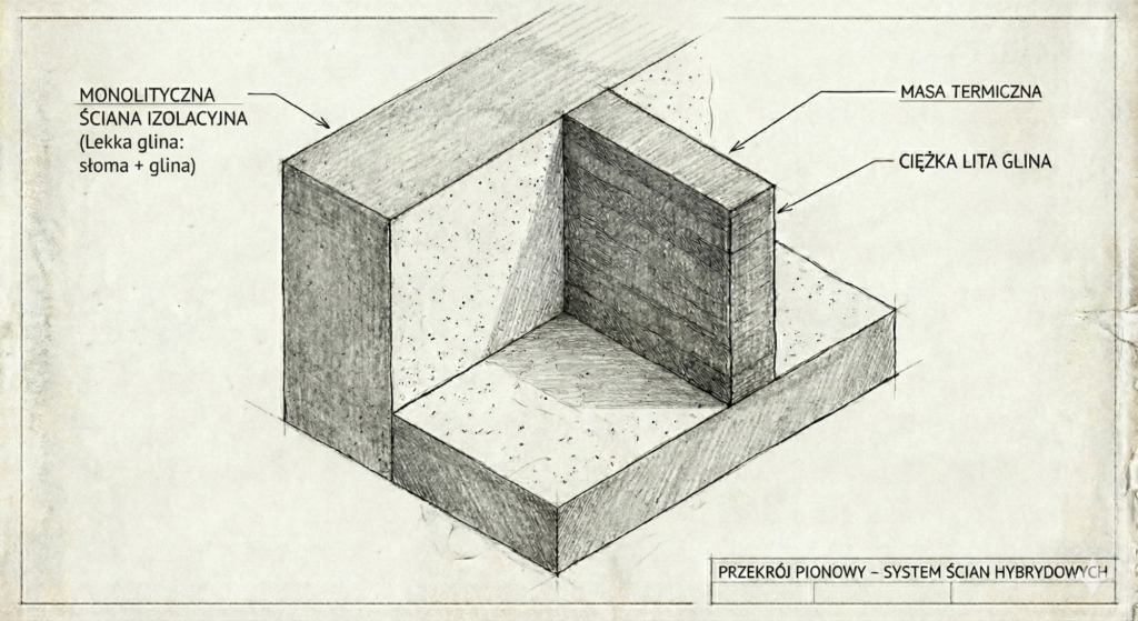 Hybrydowy układ ścian z lekkiej gliny.