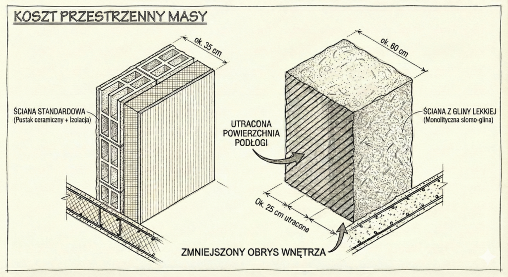 Utrata powierzchni użytkowej przez grubość przegród.
