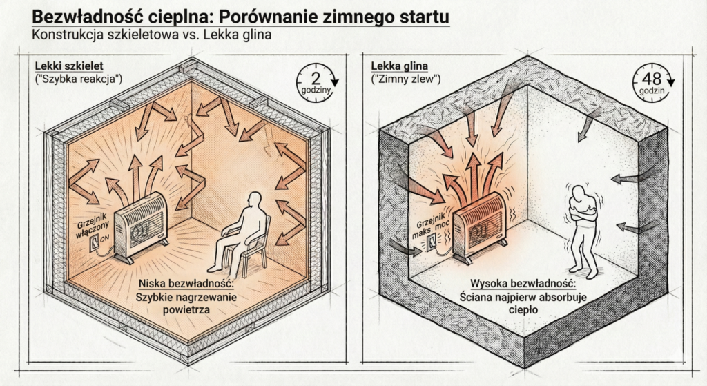 Ilustracja efektu zimnego startu w domach o wysokiej akumulacji cieplnej.